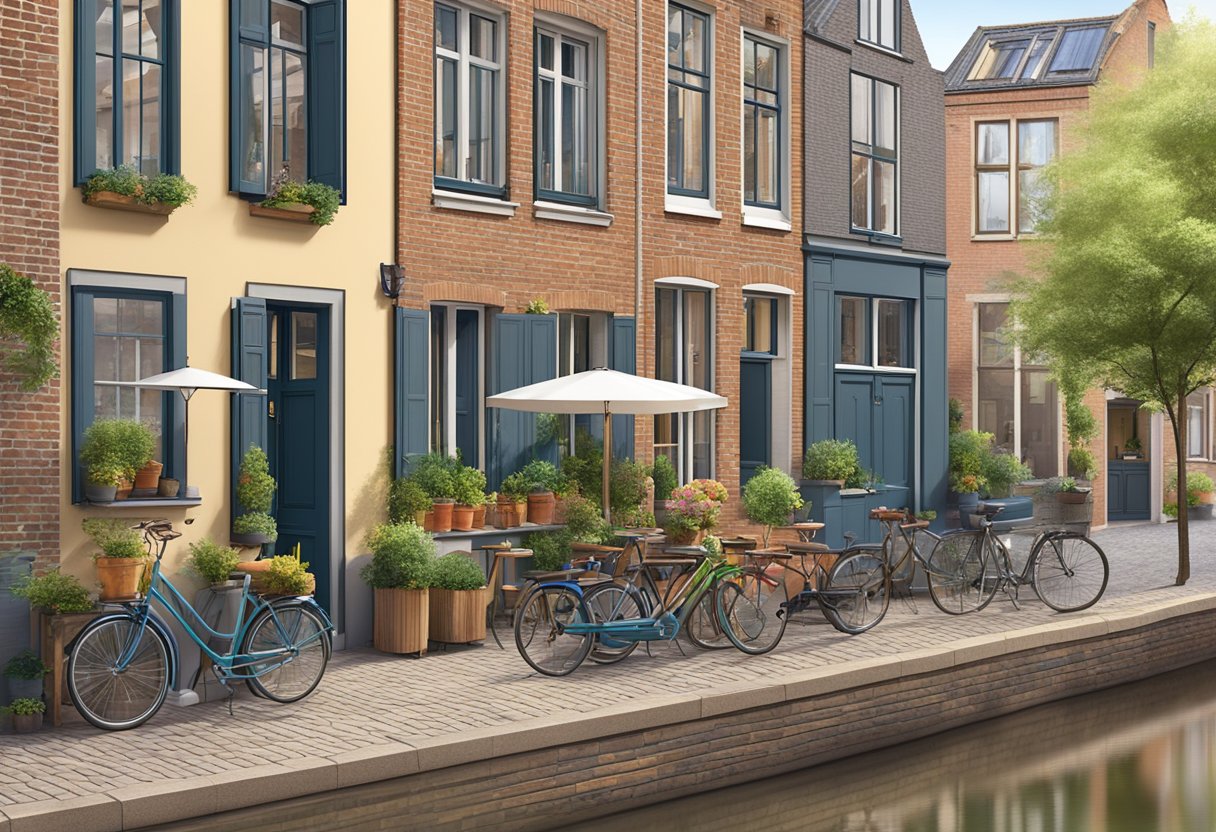 A charming B&B in Utrecht with a picturesque canal view, colorful bicycles parked outside, and a quaint outdoor seating area