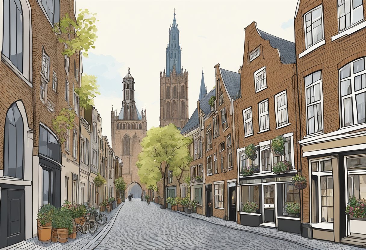 The Utrecht B&B is nestled in the historic city center, surrounded by charming cobblestone streets and medieval architecture. The iconic Dom Tower looms in the background, creating a picturesque scene of Utrecht's rich history and culture