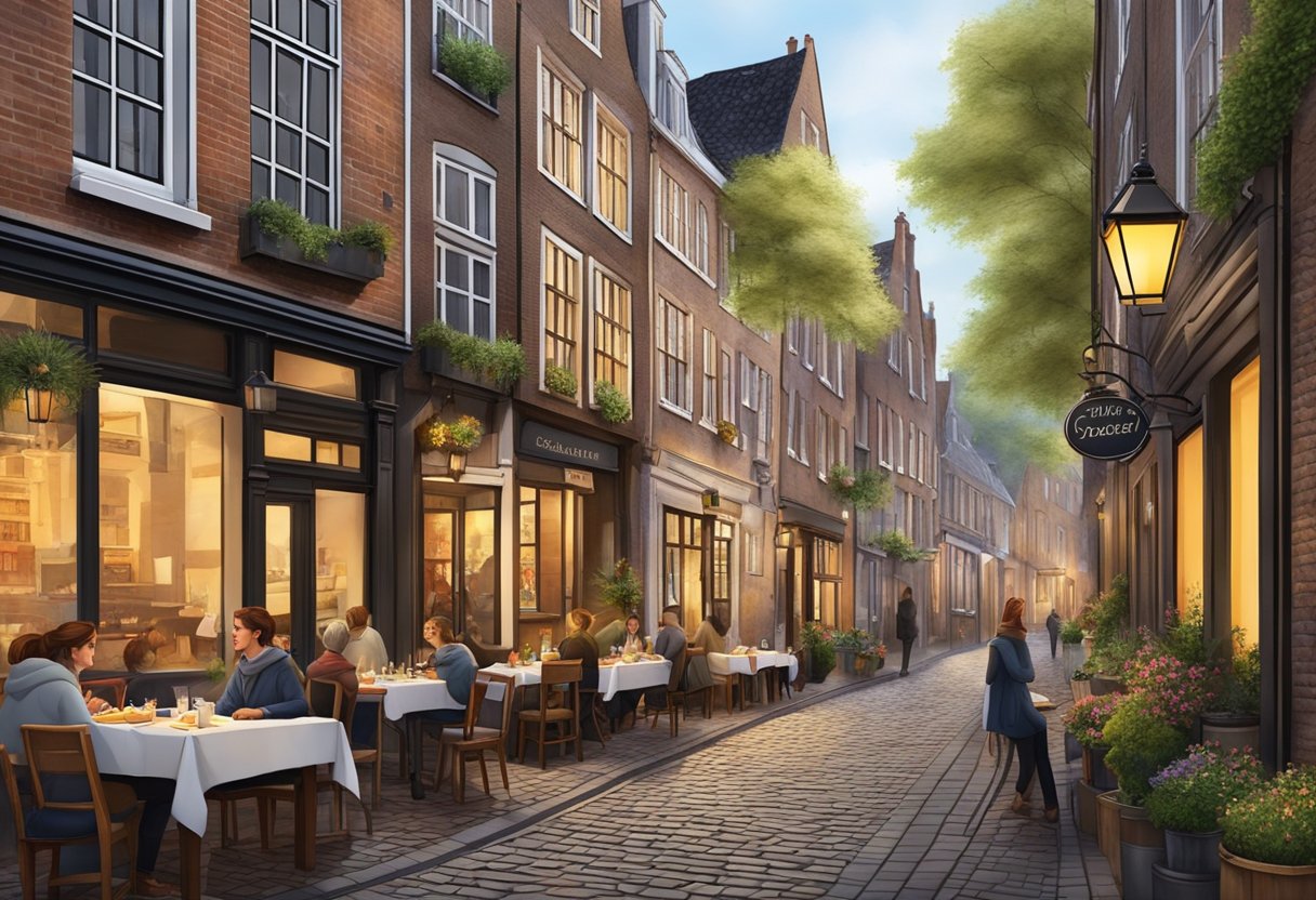 A cozy street in Utrecht with charming, affordable restaurants lining the cobblestone path, inviting passersby to enjoy a delicious meal