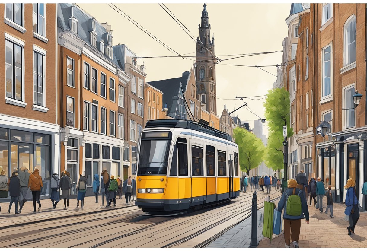 A bustling city street in Utrecht, with historic buildings and a modern tram, leading towards the iconic Groningen tower in the distance