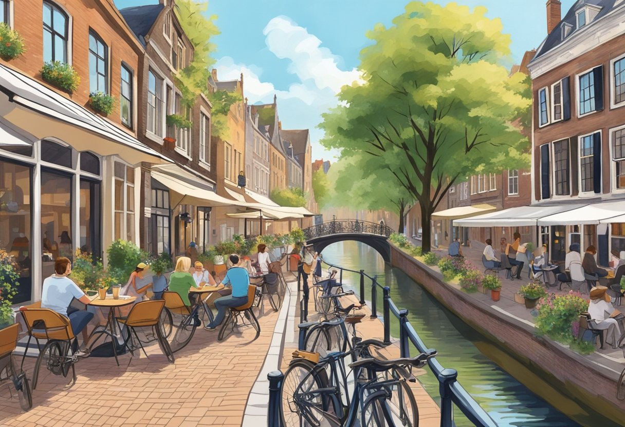 People enjoying outdoor cafes along the picturesque canals of Utrecht, with bicycles passing by and historic buildings in the background