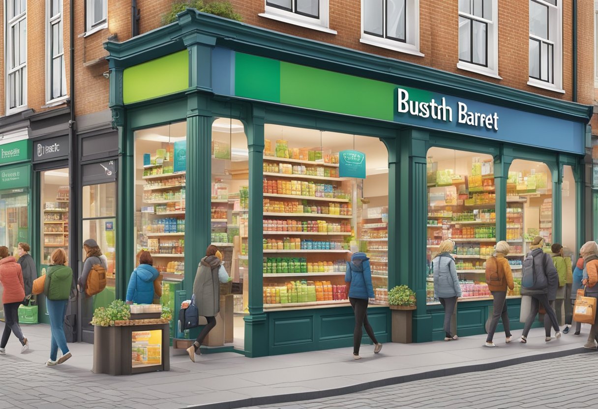 A bustling street in Utrecht, Holland and Barrett store stands with a colorful display of health products in the window