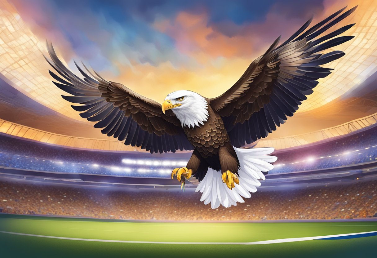 A majestic eagle soars over a vibrant stadium filled with cheering fans