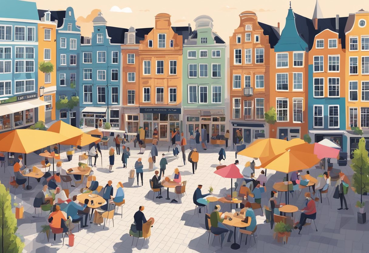 A bustling city square in Groningen with colorful buildings and people enjoying outdoor cafes and shops