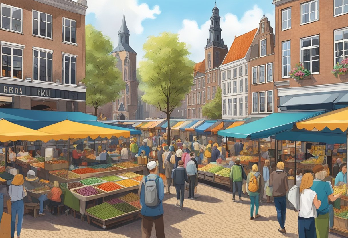 The bustling market square of Winkel van Sinkel, Utrecht, with colorful stalls and lively crowds