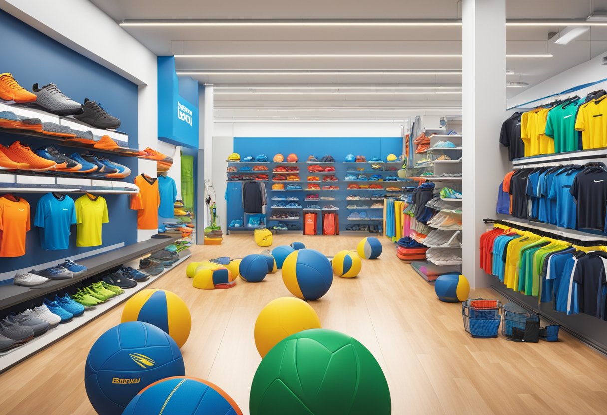 A bustling Decathlon store in Utrecht, with colorful sports equipment displayed against a backdrop of The Wall, creating a vibrant and energetic atmosphere