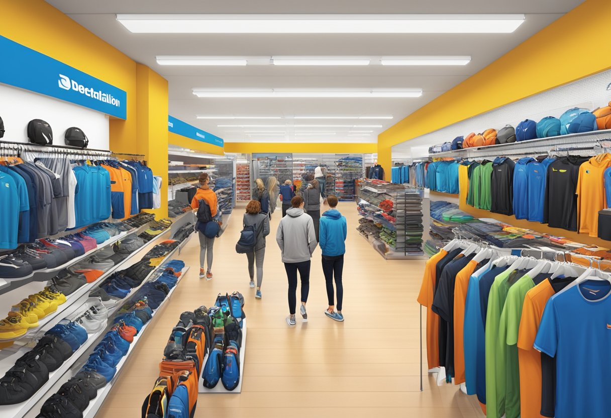 A bustling Decathlon Utrecht store inside The Wall, showcasing a wide range of sports equipment and clothing, with customers browsing and staff assisting