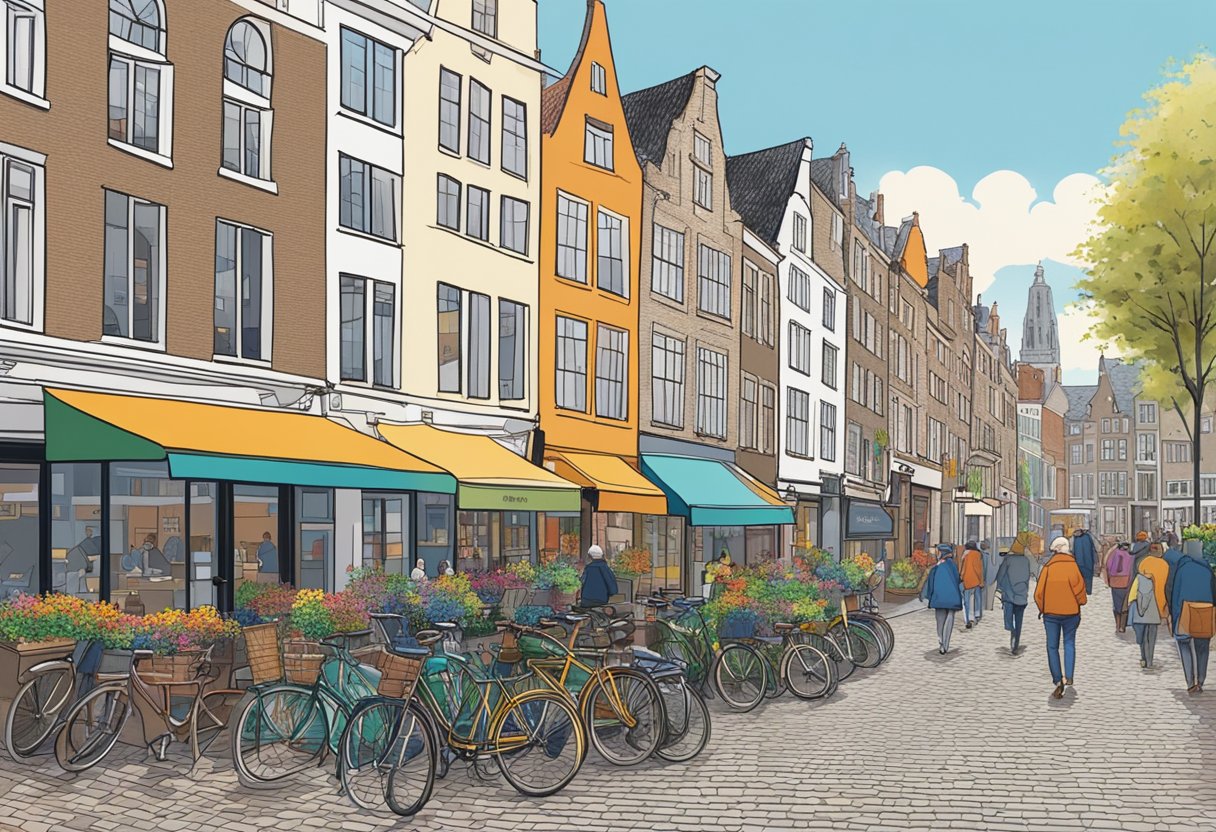 A bustling street in Utrecht, with colorful storefronts and bicycles lining the cobblestone road. The iconic van den berg mode sign hangs above the entrance, drawing in passersby