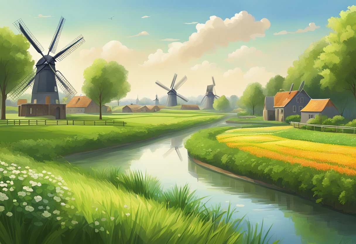 A peaceful countryside with windmills, canals, and lush green fields in Utrecht province