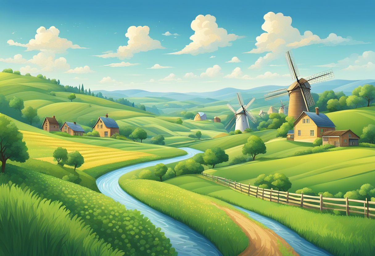 Rolling hills, dotted with windmills and quaint farmhouses, stretch into the distance. A meandering river winds through the lush green landscape, reflecting the clear blue sky above