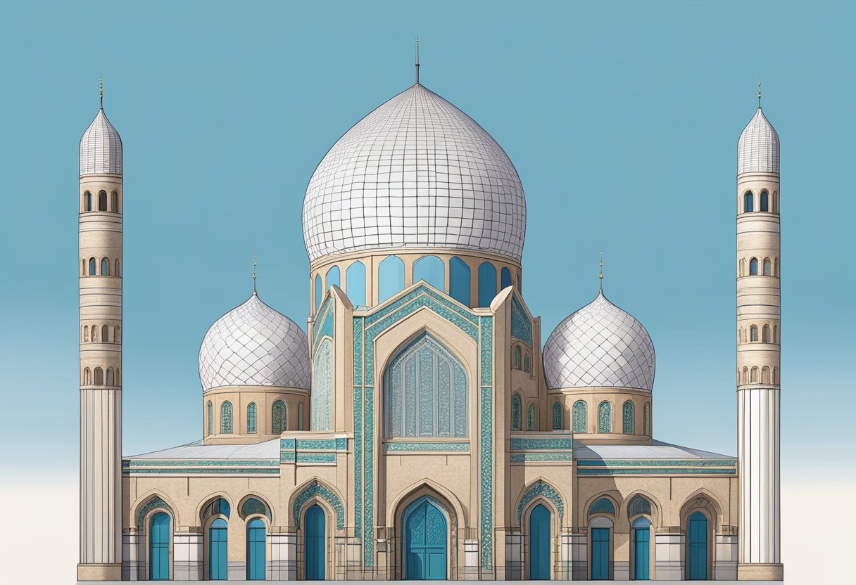 The Omar Al Farouk Mosque in Utrecht, with its tall minaret and intricate architectural details, stands against a clear blue sky