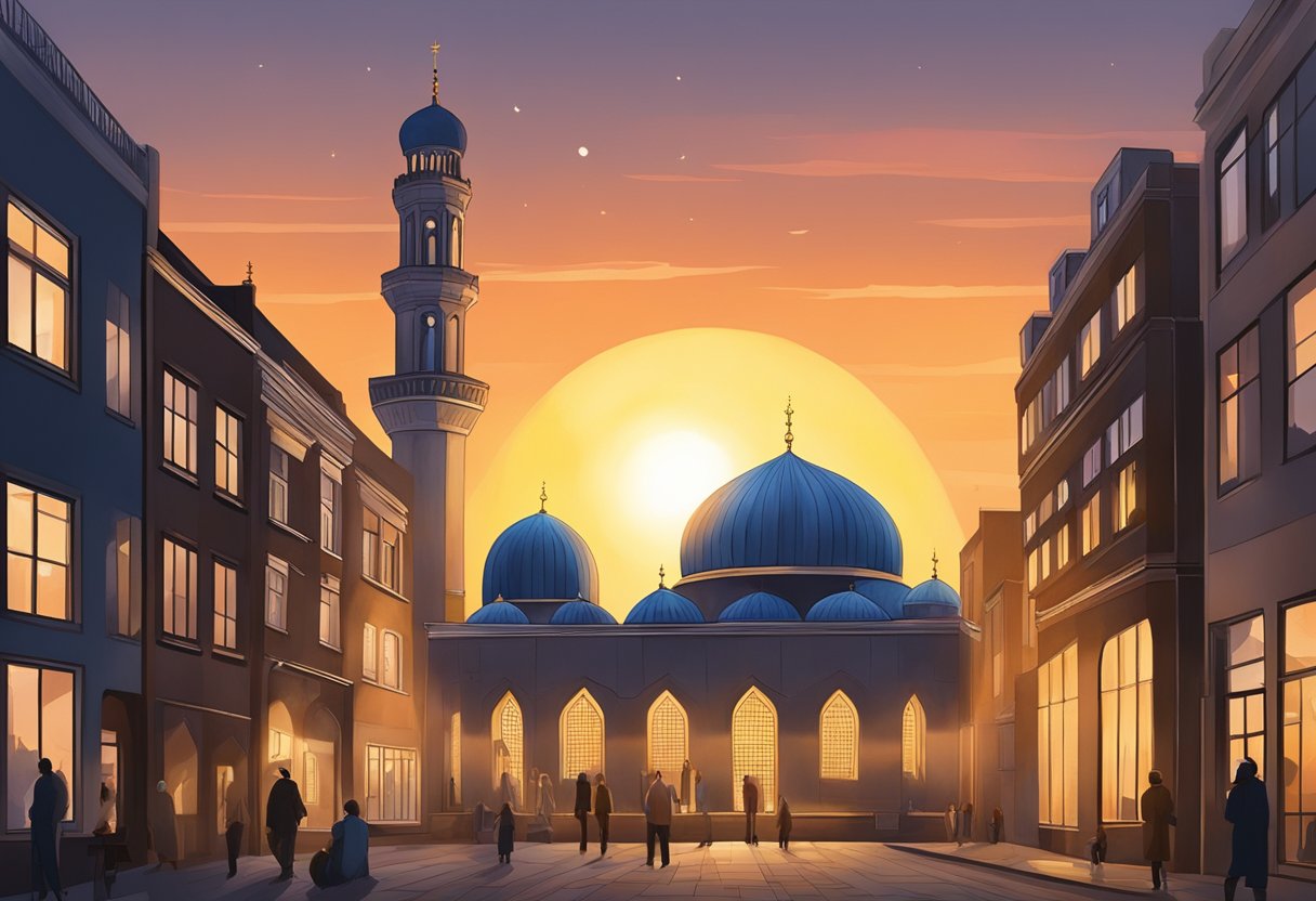 The sun sets behind the Omar Al Farouk Mosque in Utrecht, casting a warm glow over the city as the call to prayer echoes through the streets