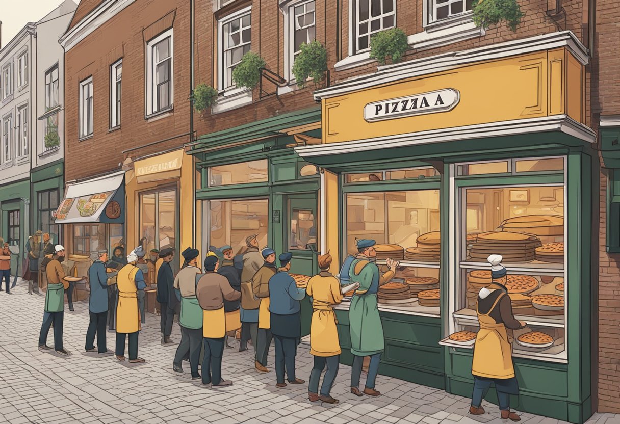 A bustling pizzeria in Utrecht, with a brick oven and chefs tossing dough. Customers line up to order New York-style pizza