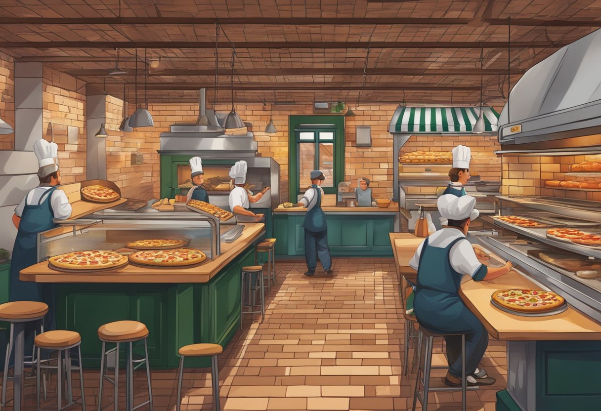 A bustling pizzeria in Utrecht, with a brick oven and chefs preparing fresh ingredients for New York-style pizzas. Customers enjoy their slices at tables