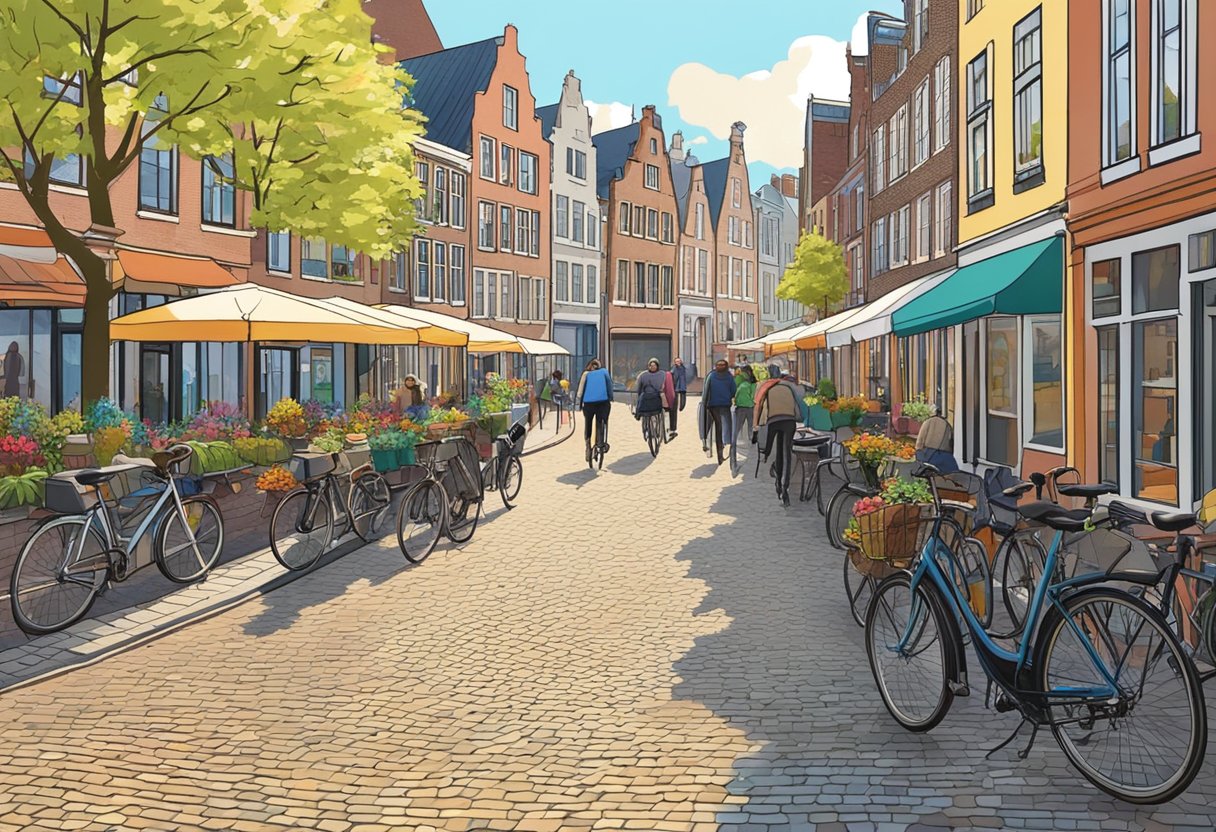 A bustling street in Utrecht, with colorful buildings and bicycles lining the cobblestone roads. People walk and bike along the canal, enjoying the sunny day