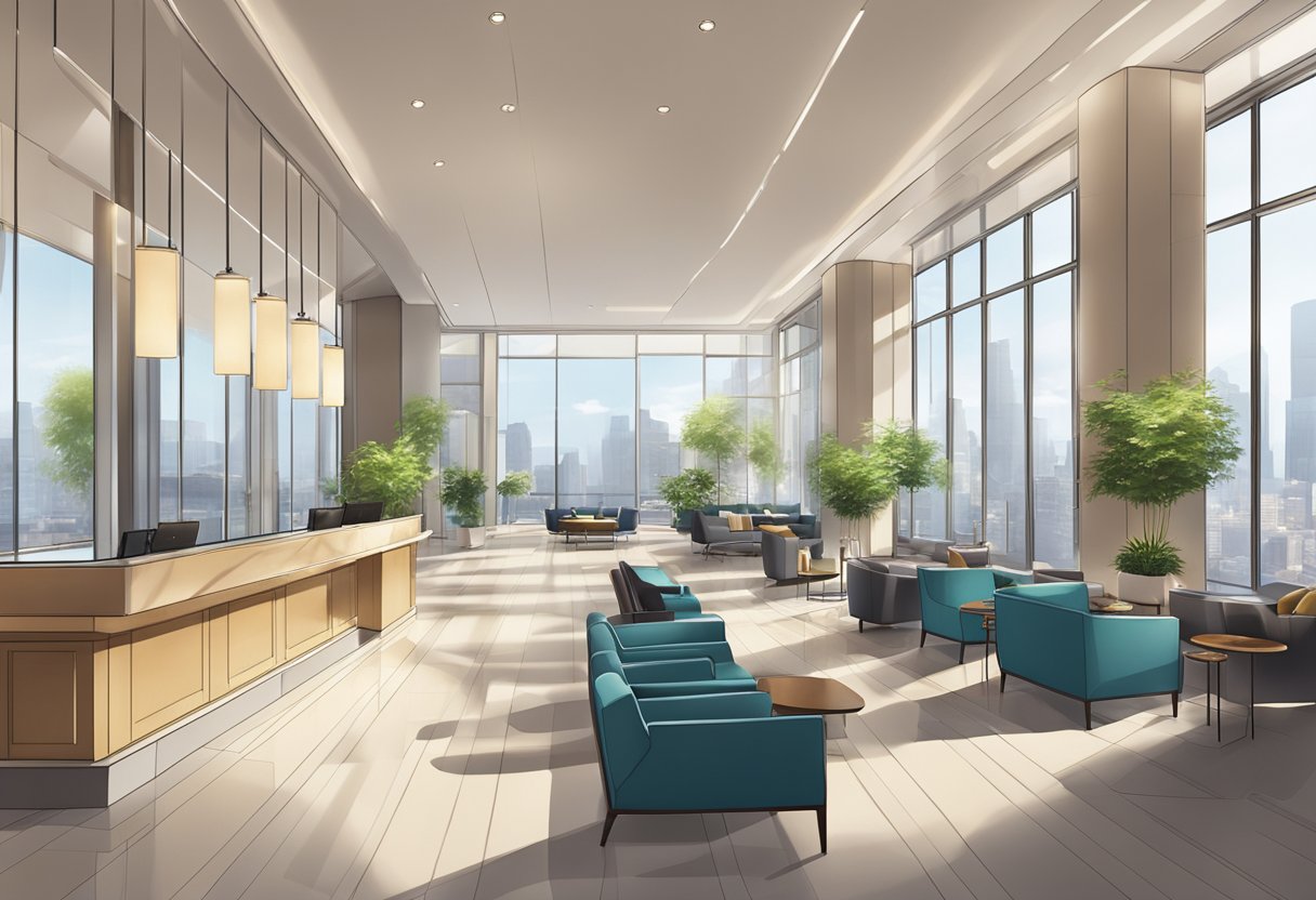 A modern hotel lobby with sleek furniture, a reception desk, and large windows overlooking a bustling city street