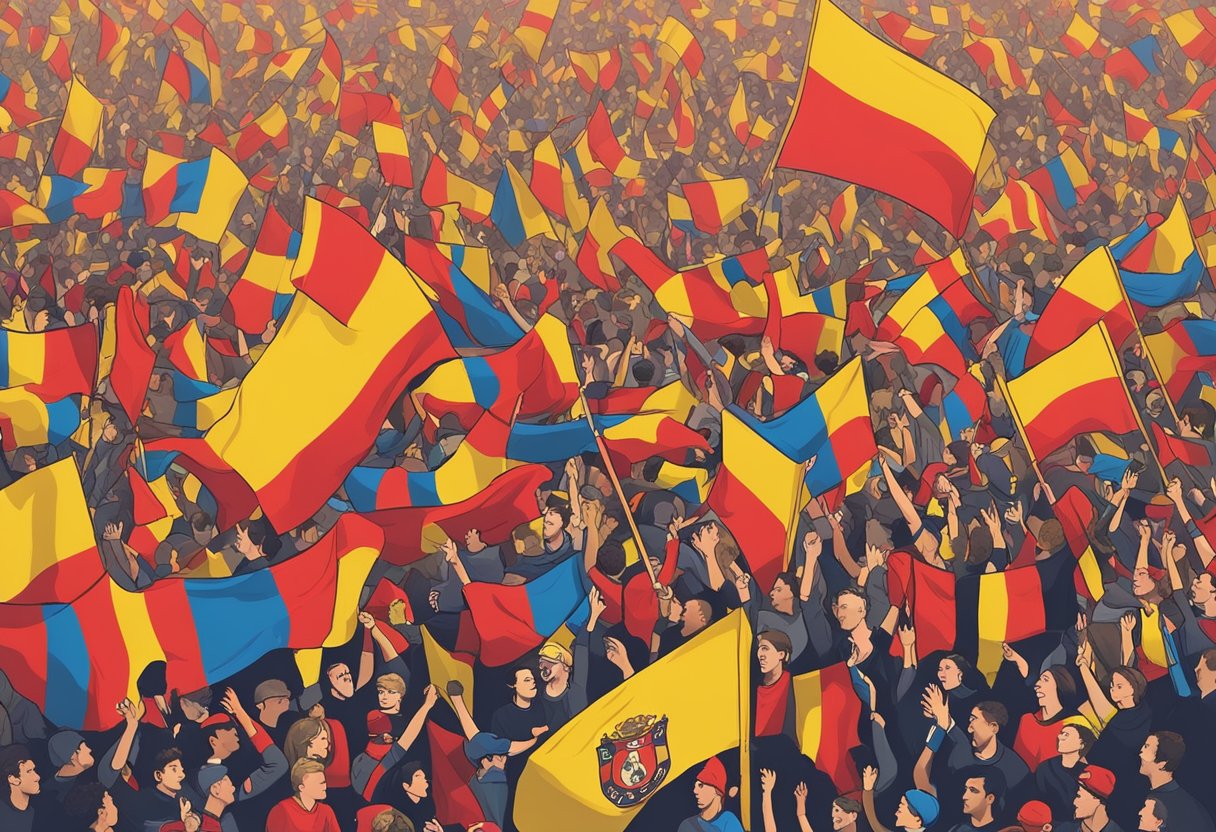 A crowded soccer stadium with fans wearing red and yellow, waving scarves and flags, cheering for Feyenoord and FC Utrecht