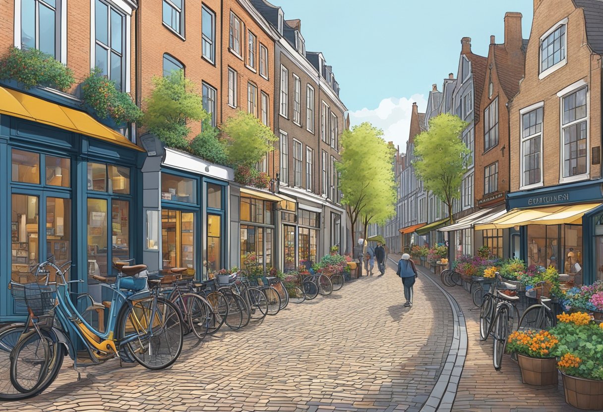 A bustling street in Utrecht, Netherlands, with colorful storefronts lining the cobblestone road and bicycles parked along the canal