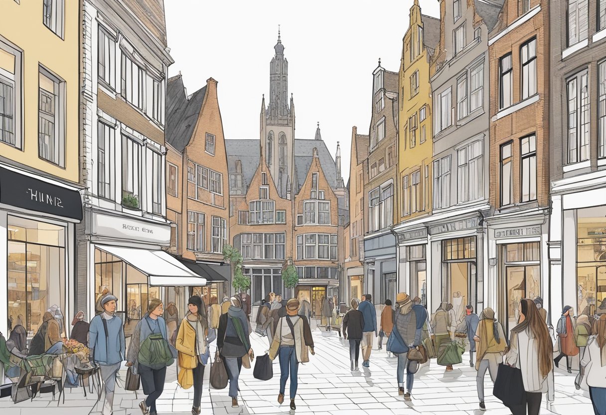 A bustling street in Utrecht, with historic buildings and modern fashion boutiques side by side. Pedestrians walk past, some carrying shopping bags