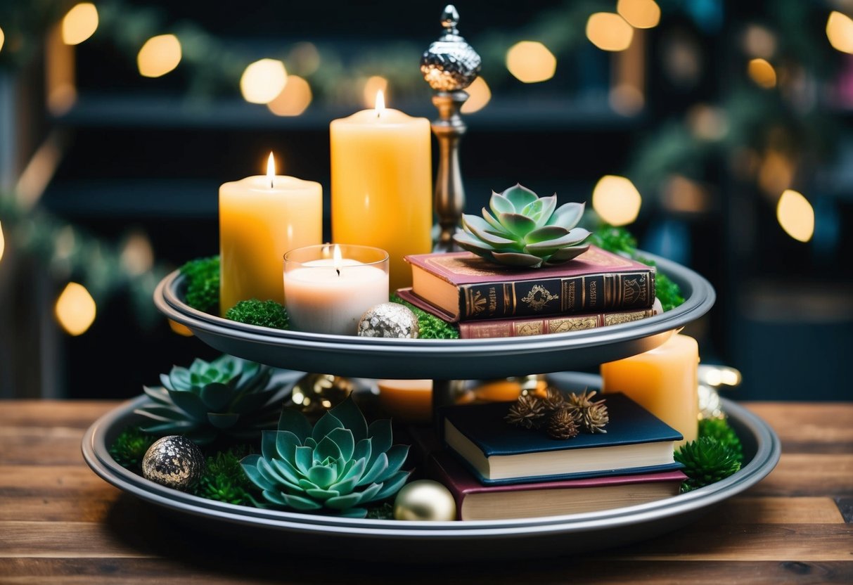 A tiered tray adorned with succulents, candles, books, and decorative ornaments. Each level features a unique theme, creating a visually appealing display