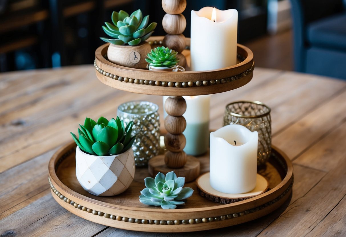 A tiered tray adorned with rustic wooden beads, holding various decorative items such as candles, succulents, and small figurines