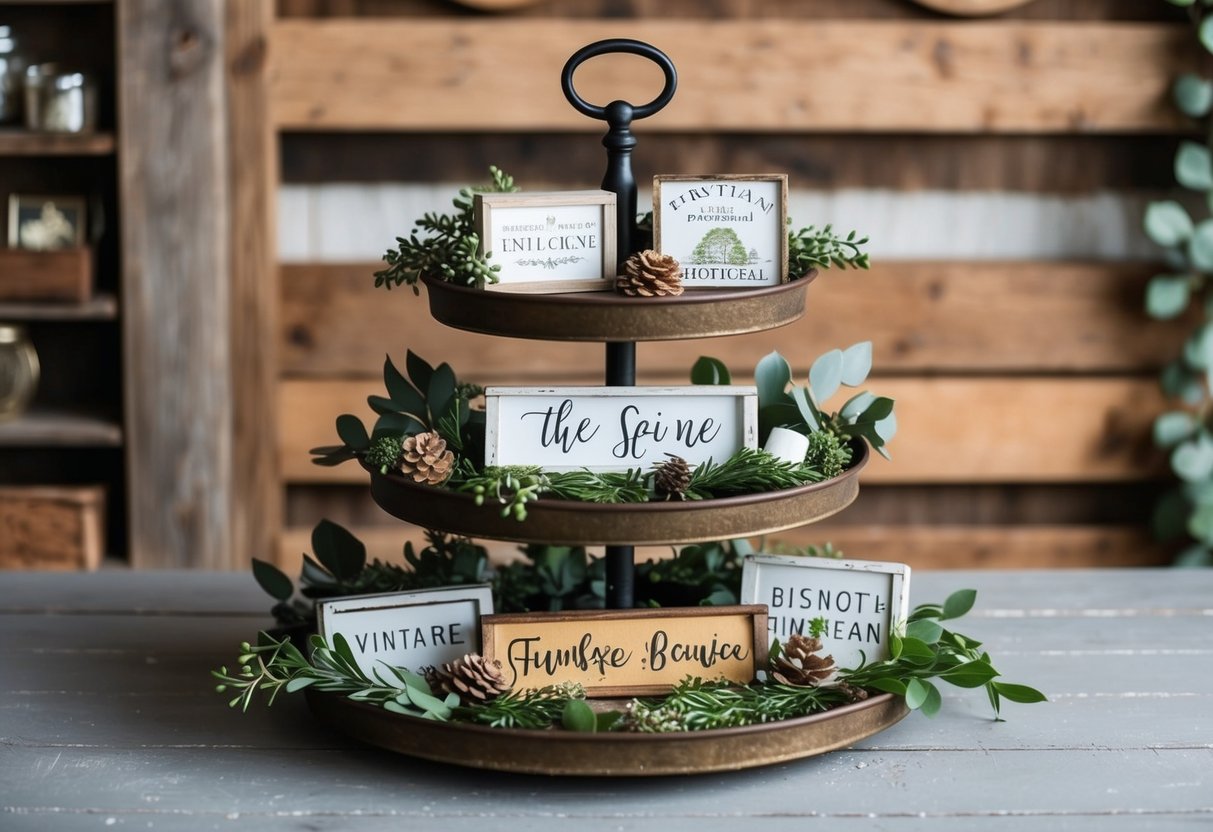 A rustic farmhouse tiered tray adorned with small signs, greenery, and vintage decor