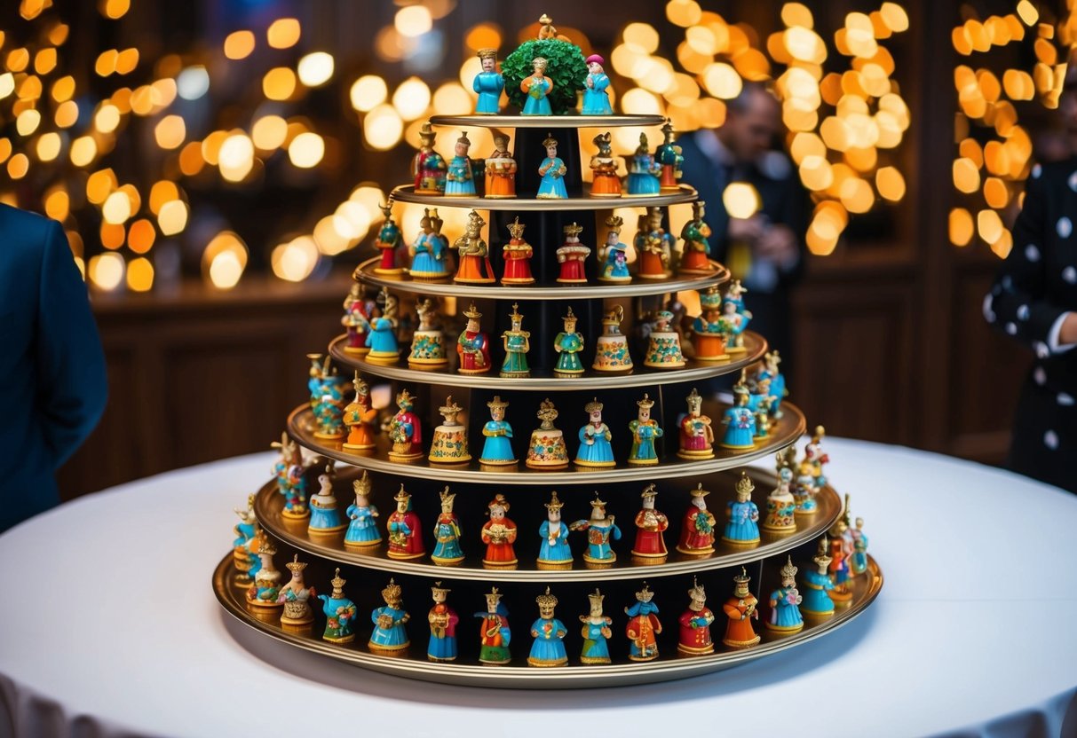 A 16-tiered tray adorned with themed figurines, arranged in a decorative display. Each level features a unique and colorful design, creating a visually appealing and cohesive arrangement