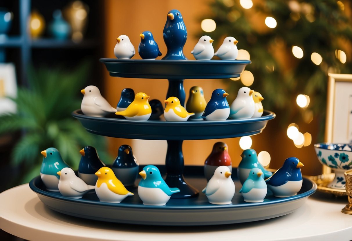 A tiered tray adorned with 16 ceramic birds in various sizes and colors, arranged in a whimsical and charming display