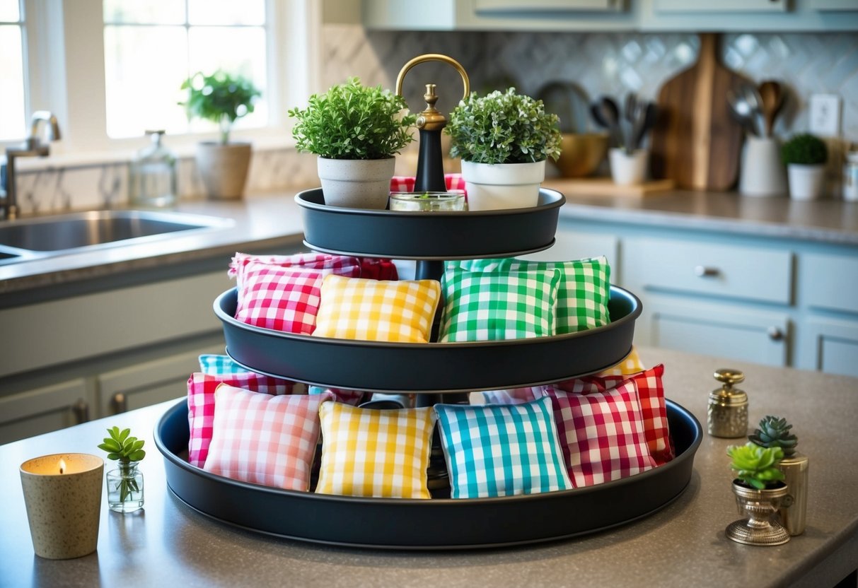 A tiered tray with 16 gingham fabric squares in various colors, arranged in a visually appealing manner with decorative items such as small potted plants, candles, and vintage kitchen utensils