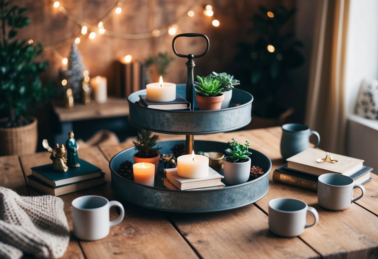 A tiered tray sits on a rustic wooden table, adorned with small potted plants, candles, books, and decorative figurines. The tray is surrounded by warm, cozy elements like blankets and mugs