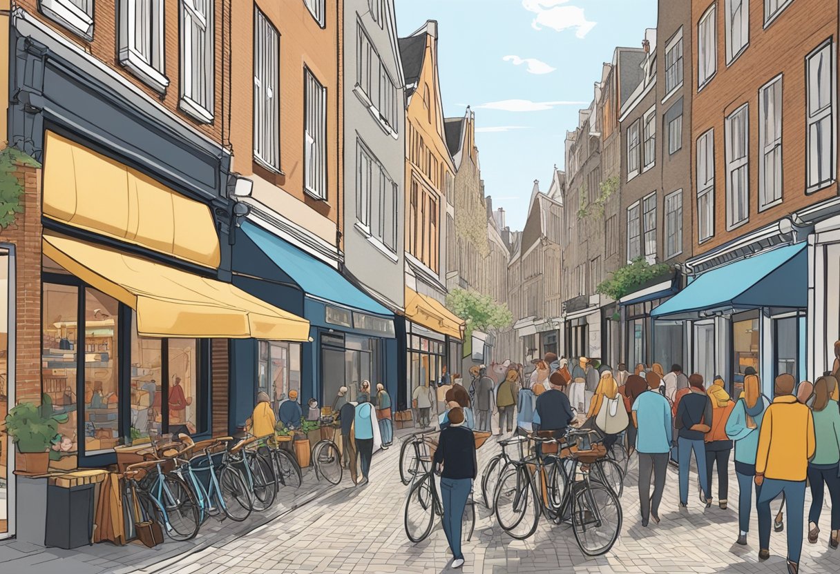 A bustling street in Utrecht, with the Pull and Bear storefront standing out among the other shops and restaurants. Pedestrians walk by, and bicycles are parked along the sidewalk