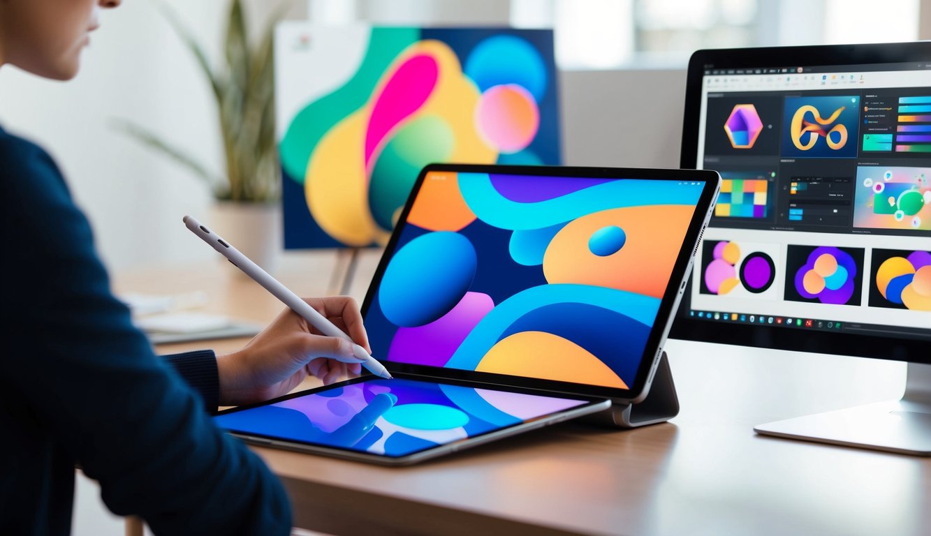 A digital tablet with a stylus creating vibrant, abstract shapes. Nearby, an algorithm sorts and arranges digital artwork into a virtual gallery