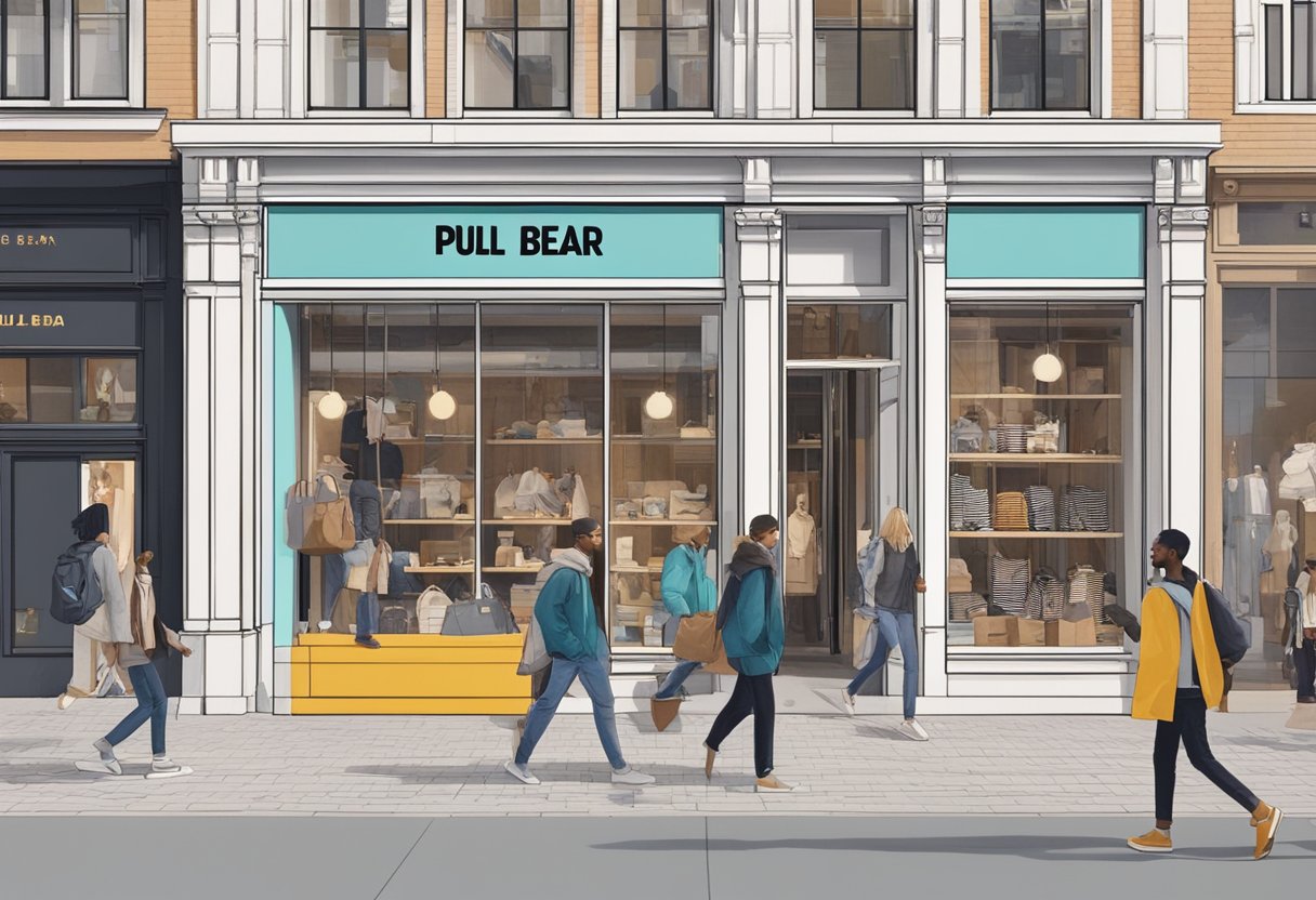 A bustling city street with a storefront for Pull & Bear in Utrecht, with people walking by and the store's logo prominently displayed