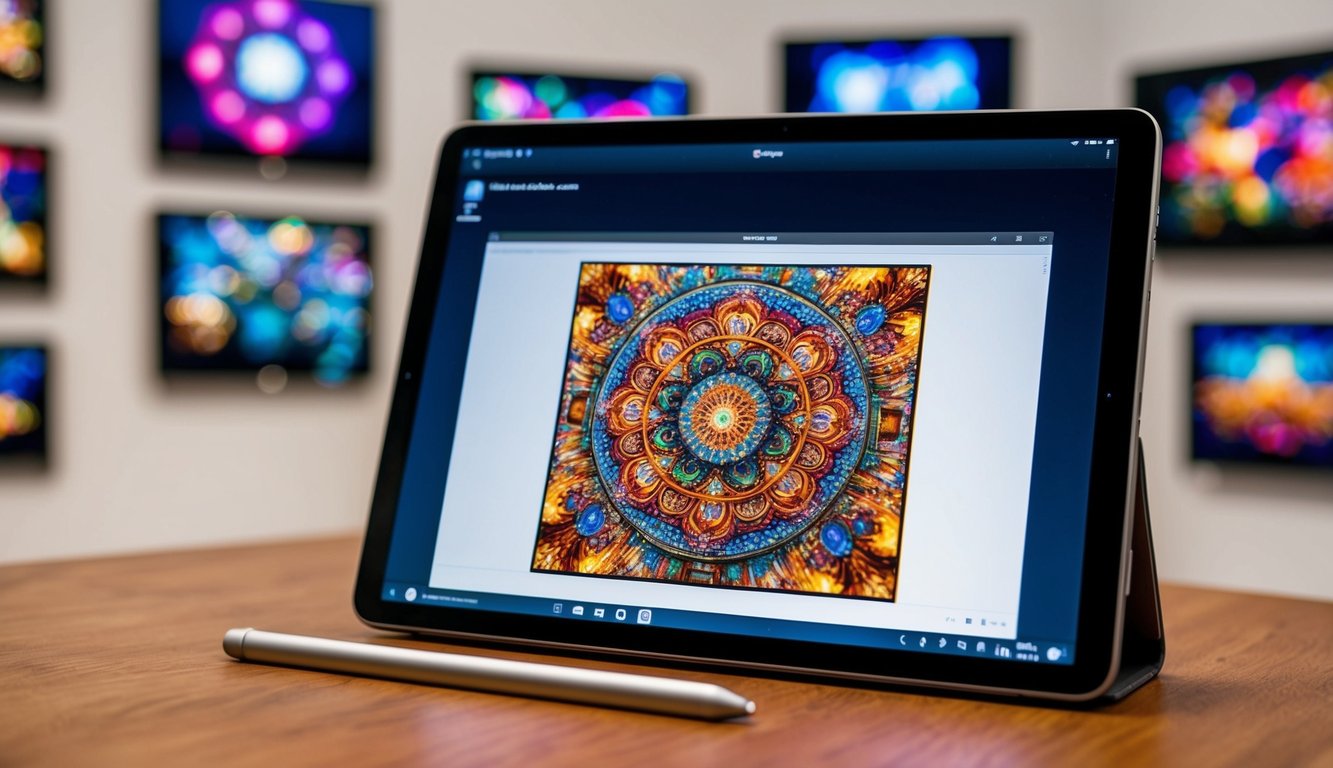 A digital tablet with a stylus, displaying a colorful and intricate digital artwork. A computer screen showing a virtual art gallery with various digital pieces on display