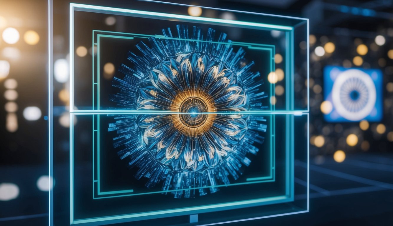 A computer-generated art piece emerges from a digital canvas, showcasing a fusion of traditional techniques with AI algorithms. The artwork is being curated and displayed in a virtual gallery space