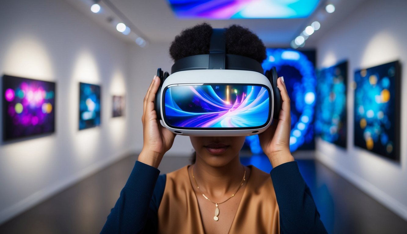 A virtual reality headset transports the viewer into a digital art gallery, where vibrant and dynamic artworks float and morph in the virtual space