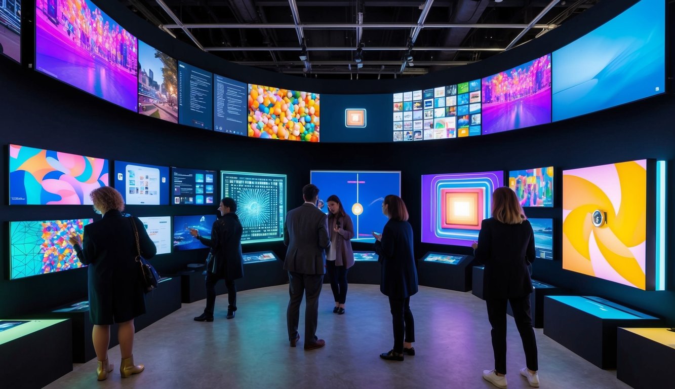 A gallery of digital art displayed on various screens, with interactive installations and virtual reality experiences. Visitors engage with the artwork through touchscreens and motion sensors, creating a dynamic and immersive environment for art consumption