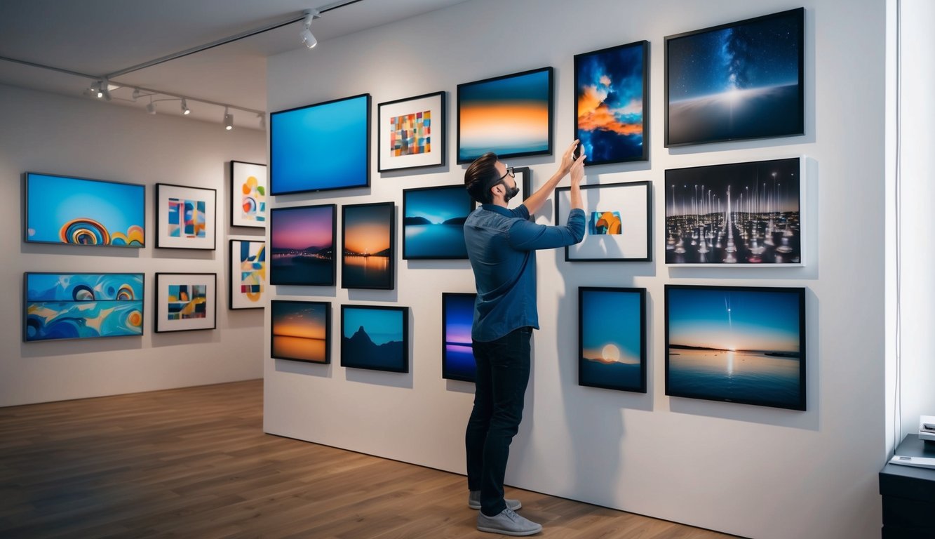 A digital artist carefully selects and arranges various artworks on a virtual gallery wall, showcasing the transformation of the art world from creation to curation