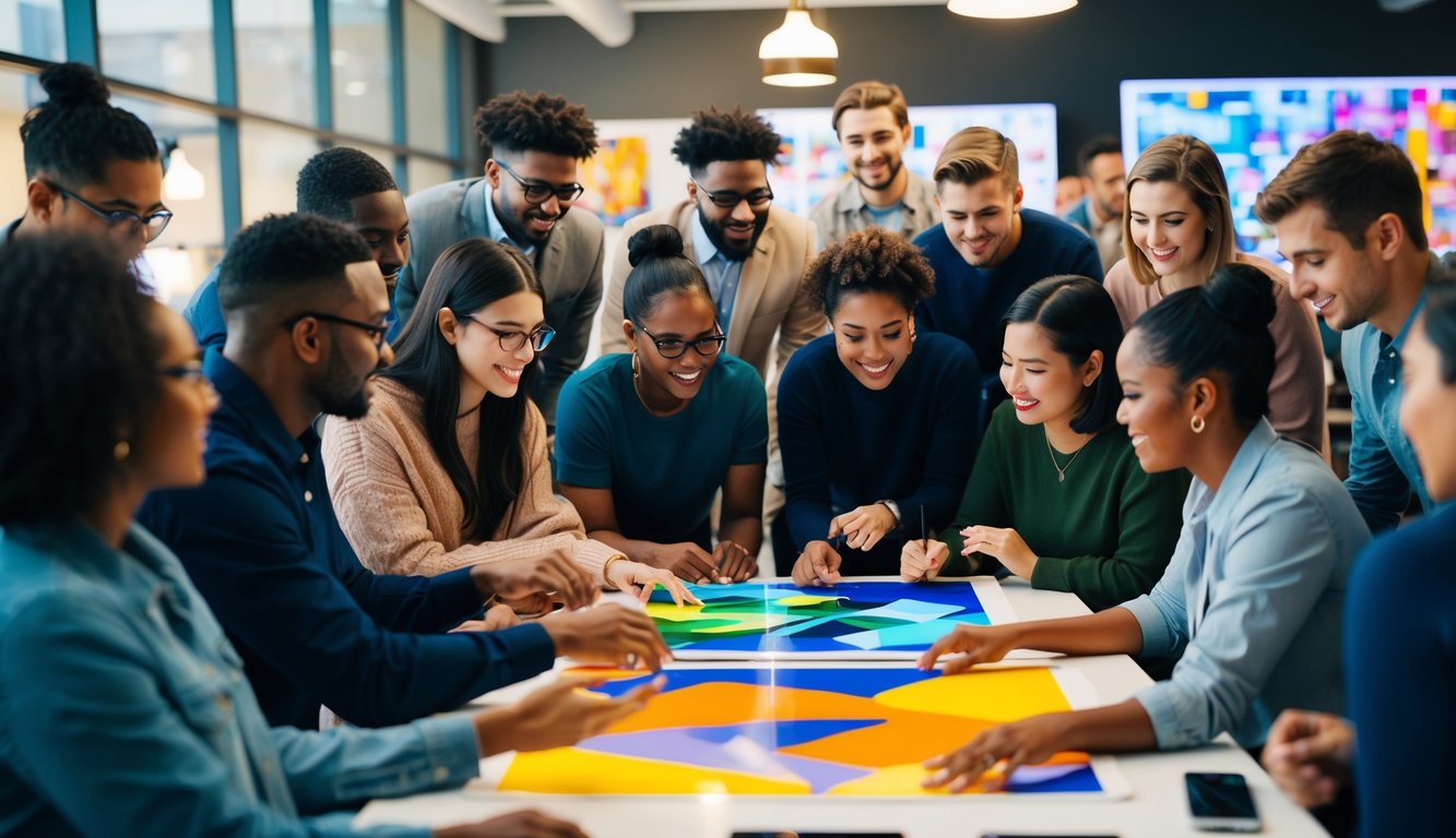 A diverse group of people gather around digital artwork, each expressing their unique identity through the art they choose to interact with