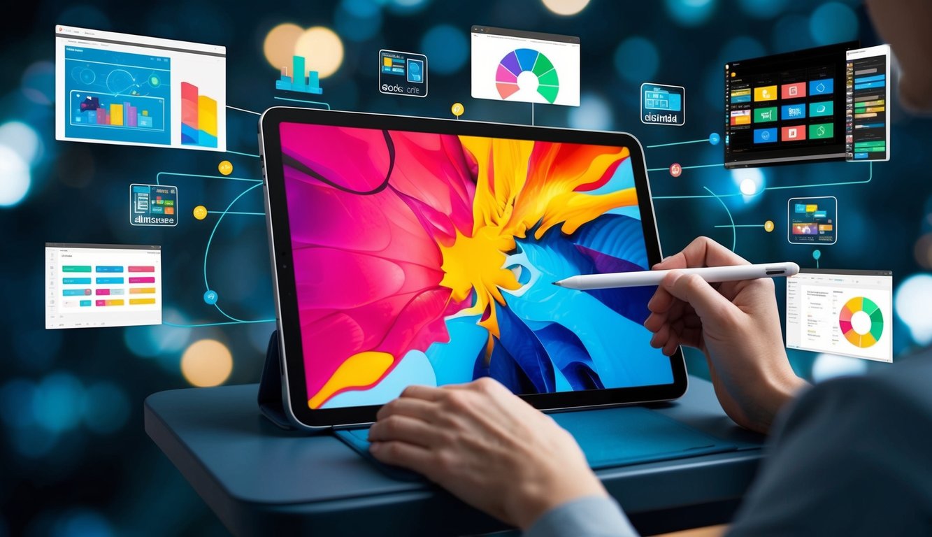 A digital tablet with a stylus, displaying a vibrant and abstract digital artwork. Surrounding it are various art curation tools and software interfaces, symbolizing the digital transformation of the art world