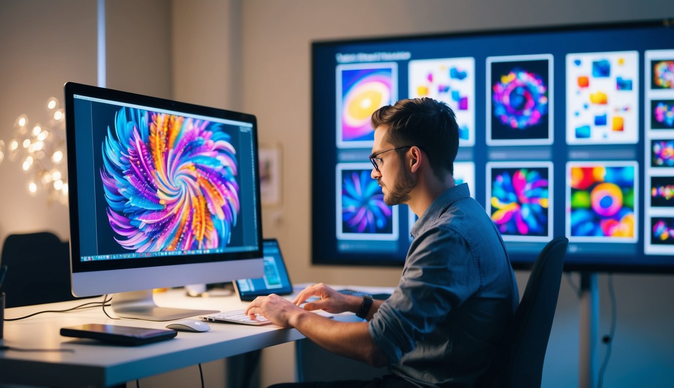 A digital artist sits at a computer, creating a vibrant and intricate digital painting. A gallery of digital artwork is displayed on a large screen behind them