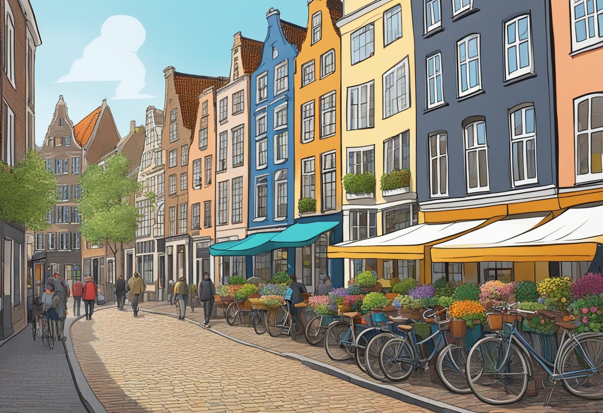 A bustling street in Utrecht, with colorful buildings lining the cobblestone road and bicycles parked along the canal