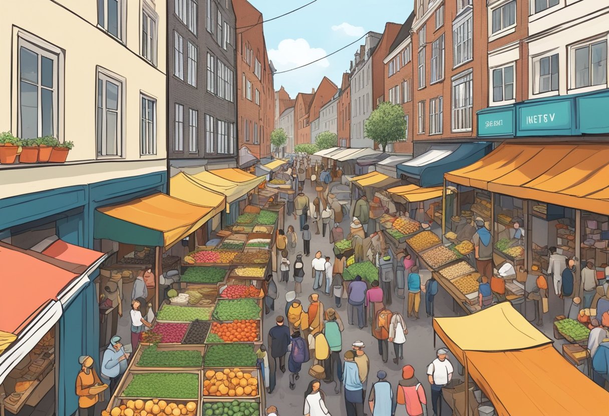 A bustling street market in Jong Utrecht, with colorful stalls and lively crowds. The aroma of street food fills the air as vendors call out to passersby