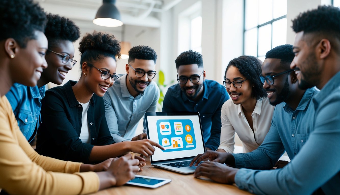 A group of diverse individuals are gathered around a computer screen, collaborating on building an app using a user-friendly, no-code platform. The atmosphere is creative and innovative, with a sense of empowerment and accessibility