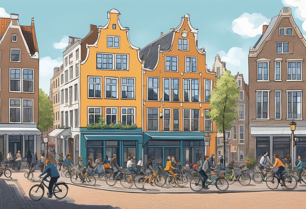 A bustling intersection in Utrecht, with bicycles and pedestrians passing by, surrounded by historic buildings and a canal