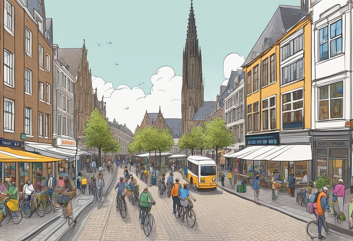 A bustling street in Utrecht, with the Zeeuw & Zeeuw building towering over the surrounding shops and cafes. Pedestrians and cyclists fill the sidewalk, while cars navigate the busy road