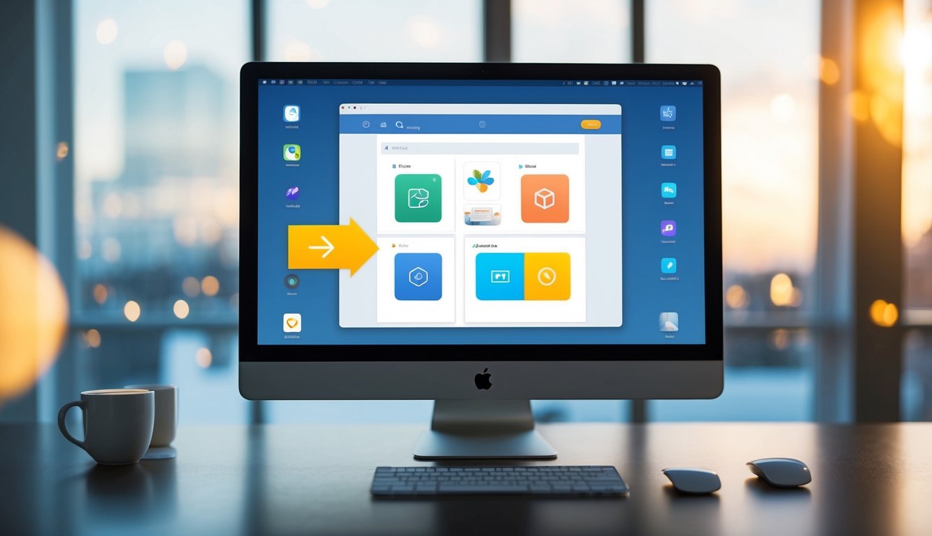 A computer screen displaying a user-friendly interface with drag-and-drop functionality, accompanied by various app icons and visual elements