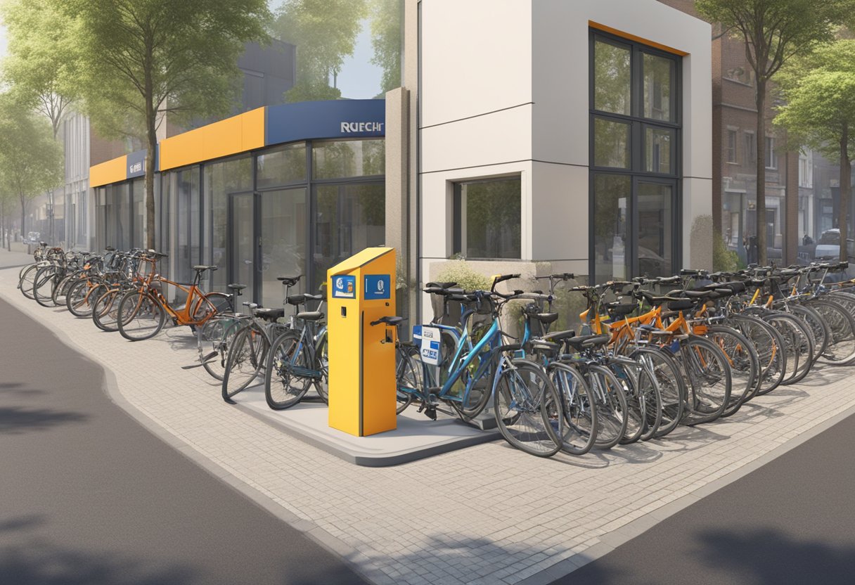 A package drop-off point in Utrecht, Netherlands. A small building with a Mondial Relay sign, surrounded by parked bicycles