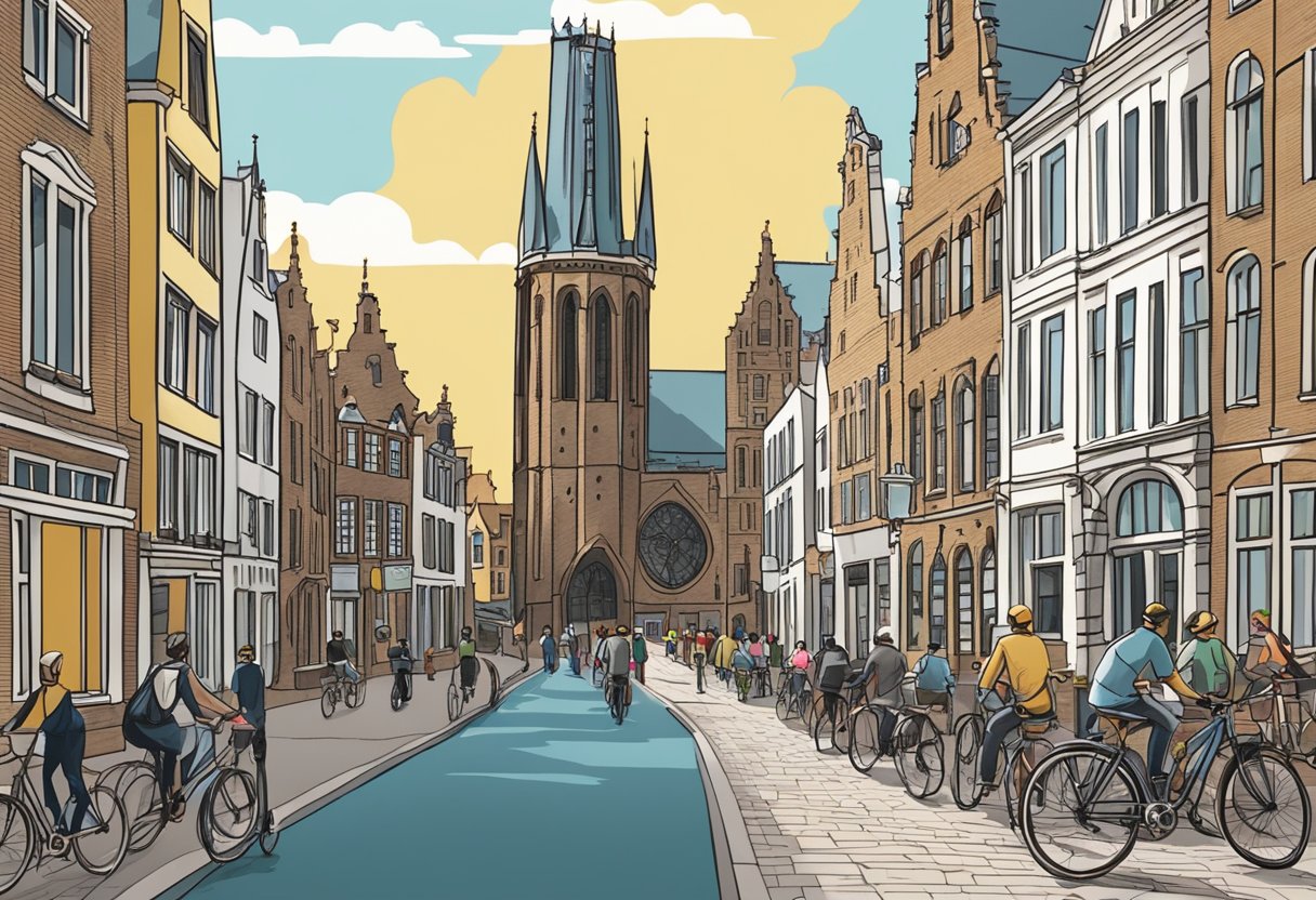 A cityscape with iconic Utrecht landmarks, including the Dom Tower and canals, with people and bicycles moving through the streets