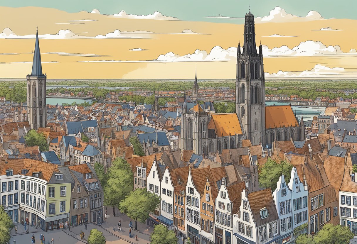 The city of Utrecht with its iconic Dom Tower rising above the historic buildings, surrounded by canals and bustling with activity